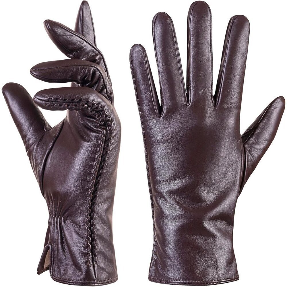 🆕 Women Brown Leather Gloves Genuine Winter Warm Touchscreen Texting Driving
